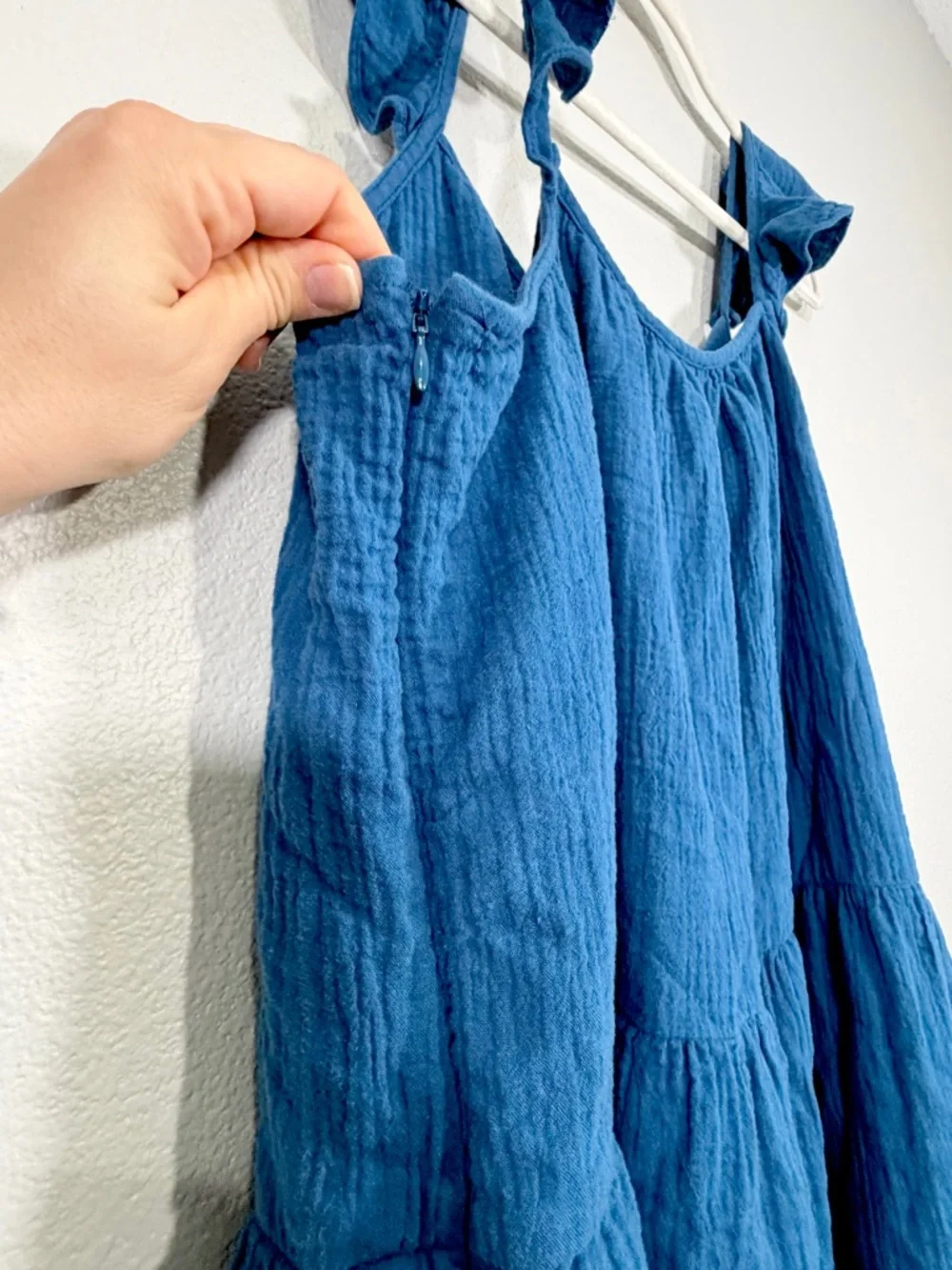 J. Crew Dress Ruffle Straps Maxi Spring Summer Pockets 100% Cotton Blue Women XL